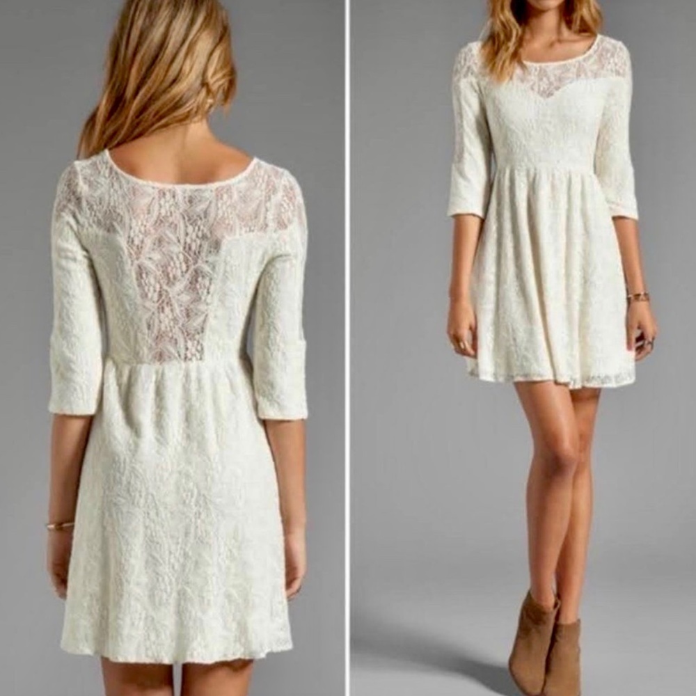 FREE PEOPLE White Lace‎ Shake It Up 3/4 Sleeves A Line Dress XS